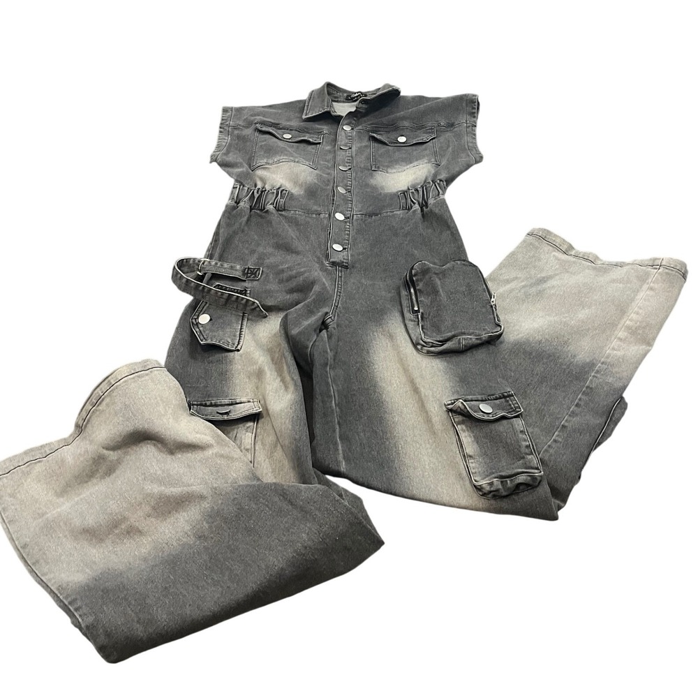 Athena Cargo Jumpsuit Womens L Gray Acid Wash Sleeveless Wide Leg Utility Romper